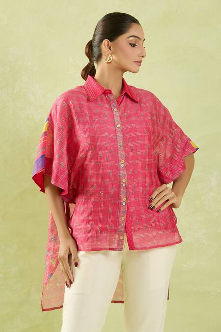 Shraddha Rambhia Pink Chanderi Collared Floral High-low Shirt at Aza Fashions Shraddha Rambhia_Pink Chanderi Collared Floral High-low Shirt_at_Aza_Fashions