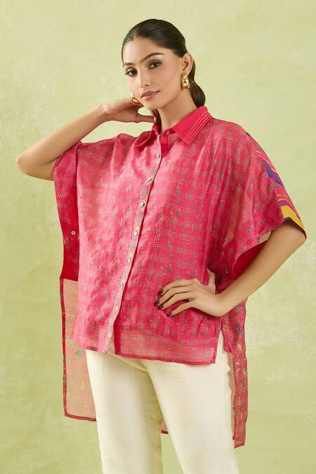 Buy Shraddha Rambhia Pink Chanderi Collared Floral High-low Shirt Buy_Shraddha Rambhia_Pink Chanderi Collared Floral High-low Shirt