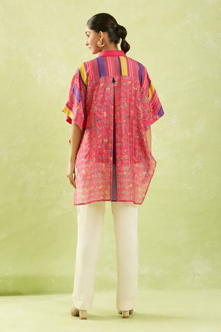 Shop Shraddha Rambhia Pink Chanderi Collared Floral High-low Shirt at Aza Fashions Shop_Shraddha Rambhia_Pink Chanderi Collared Floral High-low Shirt_at_Aza_Fashions