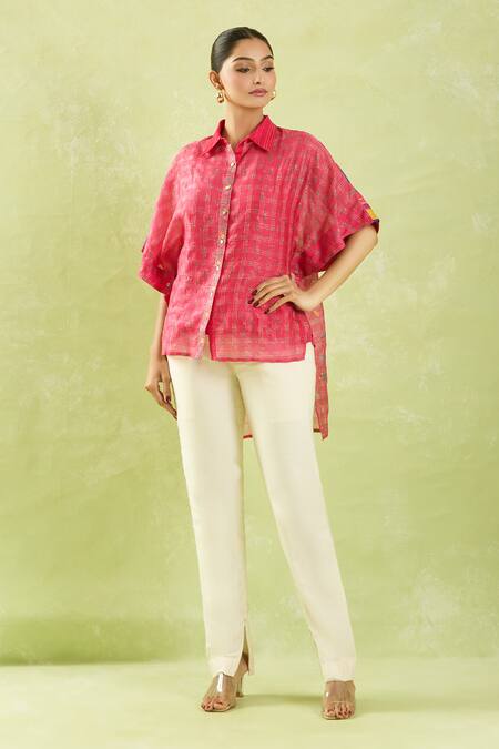 Shop Shraddha Rambhia Pink Chanderi Collared Floral High-low Shirt Shop_Shraddha Rambhia_Pink Chanderi Collared Floral High-low Shirt