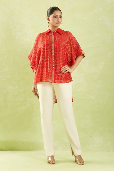 Shraddha Rambhia Red Chanderi Collared High-low Floral Checkered Shirt Online at Aza Fashions Shraddha Rambhia_Red Chanderi Collared High-low Floral Checkered Shirt_Online_at_Aza_Fashions