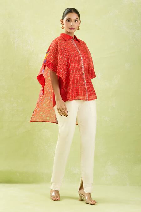 Buy Shraddha Rambhia Red Chanderi Collared High-low Floral Checkered Shirt Online at Aza Fashions Buy_Shraddha Rambhia_Red Chanderi Collared High-low Floral Checkered Shirt_Online_at_Aza_Fashions