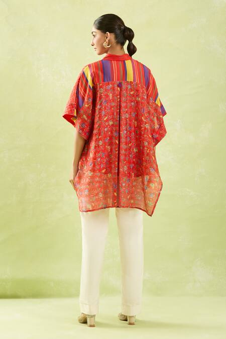 Shop Shraddha Rambhia Red Chanderi Collared High-low Floral Checkered Shirt at Aza Fashions Shop_Shraddha Rambhia_Red Chanderi Collared High-low Floral Checkered Shirt_at_Aza_Fashions