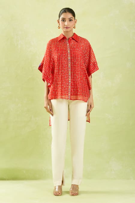Shop Shraddha Rambhia Red Chanderi Collared High-low Floral Checkered Shirt Online at Aza Fashions Shop_Shraddha Rambhia_Red Chanderi Collared High-low Floral Checkered Shirt_Online_at_Aza_Fashions