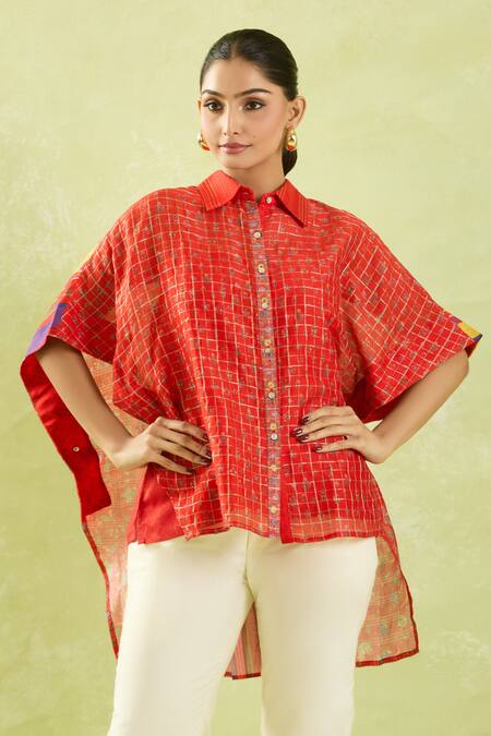 Shraddha Rambhia Red Chanderi Collared High-low Floral Checkered Shirt at Aza Fashions Shraddha Rambhia_Red Chanderi Collared High-low Floral Checkered Shirt_at_Aza_Fashions