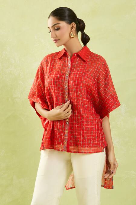 Shop Shraddha Rambhia Red Chanderi Collared High-low Floral Checkered Shirt Shop_Shraddha Rambhia_Red Chanderi Collared High-low Floral Checkered Shirt