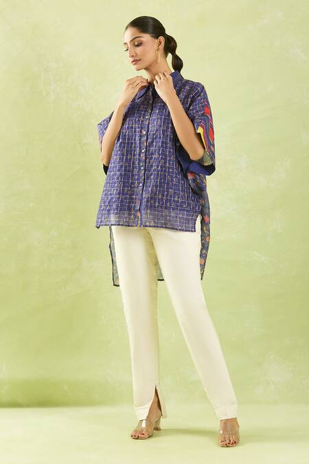 Buy Shraddha Rambhia Blue Chanderi Printed Floral Shirt Collar High-low Online at Aza Fashions Buy_Shraddha Rambhia_Blue Chanderi Printed Floral Shirt Collar High-low_Online_at_Aza_Fashions