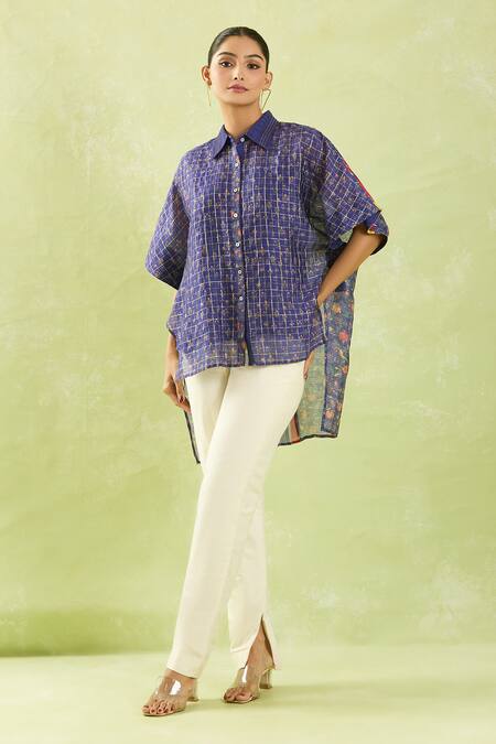 Shop Shraddha Rambhia Blue Chanderi Printed Floral Shirt Collar High-low Online at Aza Fashions Shop_Shraddha Rambhia_Blue Chanderi Printed Floral Shirt Collar High-low_Online_at_Aza_Fashions