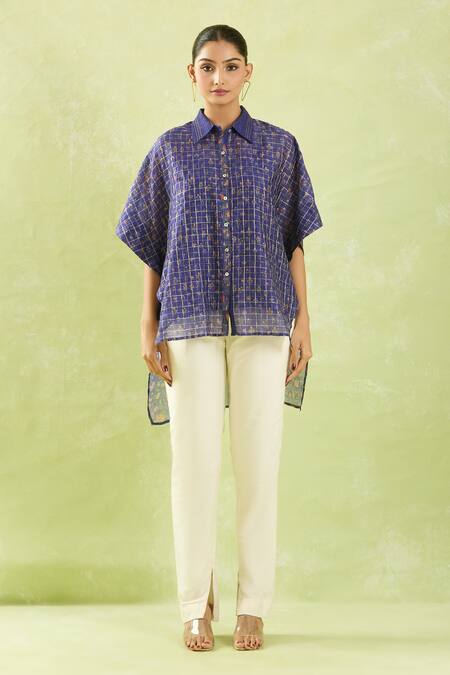 Shraddha Rambhia Blue Chanderi Printed Floral Shirt Collar High-low at Aza Fashions Shraddha Rambhia_Blue Chanderi Printed Floral Shirt Collar High-low_at_Aza_Fashions