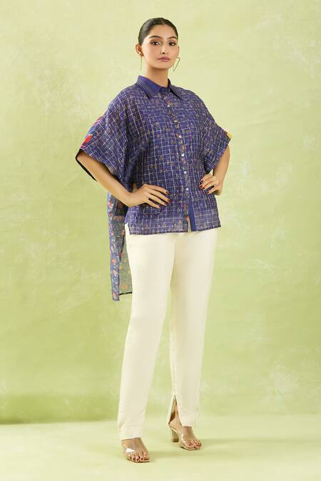 Buy Shraddha Rambhia Blue Chanderi Printed Floral Shirt Collar High-low Buy_Shraddha Rambhia_Blue Chanderi Printed Floral Shirt Collar High-low