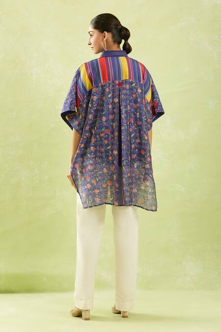 Shop Shraddha Rambhia Blue Chanderi Printed Floral Shirt Collar High-low at Aza Fashions Shop_Shraddha Rambhia_Blue Chanderi Printed Floral Shirt Collar High-low_at_Aza_Fashions