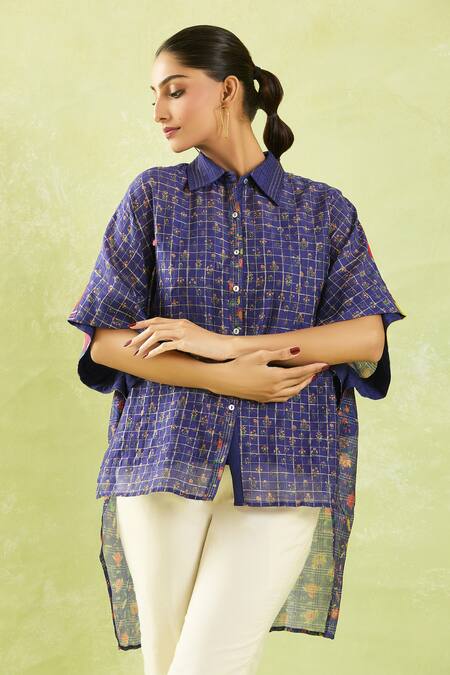 Shop Shraddha Rambhia Blue Chanderi Printed Floral Shirt Collar High-low Shop_Shraddha Rambhia_Blue Chanderi Printed Floral Shirt Collar High-low