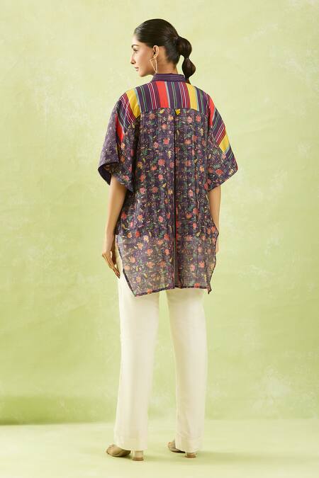 Shop Shraddha Rambhia Purple Chanderi Embroidery Collared Floral Print High-low Shirt at Aza Fashions Shop_Shraddha Rambhia_Purple Chanderi Embroidery Collared Floral Print High-low Shirt_at_Aza_Fashions