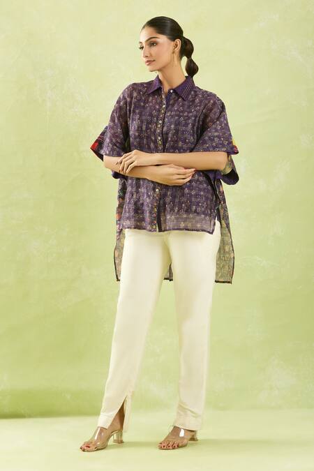 Shraddha Rambhia Purple Chanderi Embroidery Collared Floral Print High-low Shirt Online at Aza Fashions Shraddha Rambhia_Purple Chanderi Embroidery Collared Floral Print High-low Shirt_Online_at_Aza_Fashions