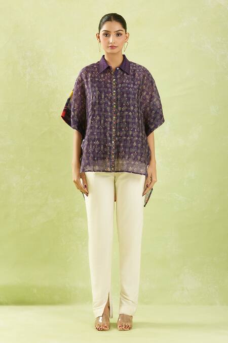 Buy Shraddha Rambhia Purple Chanderi Embroidery Collared Floral Print High-low Shirt Online at Aza Fashions Buy_Shraddha Rambhia_Purple Chanderi Embroidery Collared Floral Print High-low Shirt_Online_at_Aza_Fashions