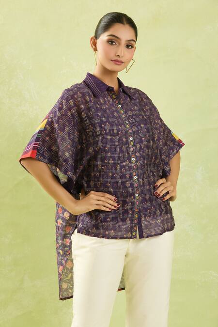 Shraddha Rambhia Purple Chanderi Embroidery Collared Floral Print High-low Shirt at Aza Fashions Shraddha Rambhia_Purple Chanderi Embroidery Collared Floral Print High-low Shirt_at_Aza_Fashions