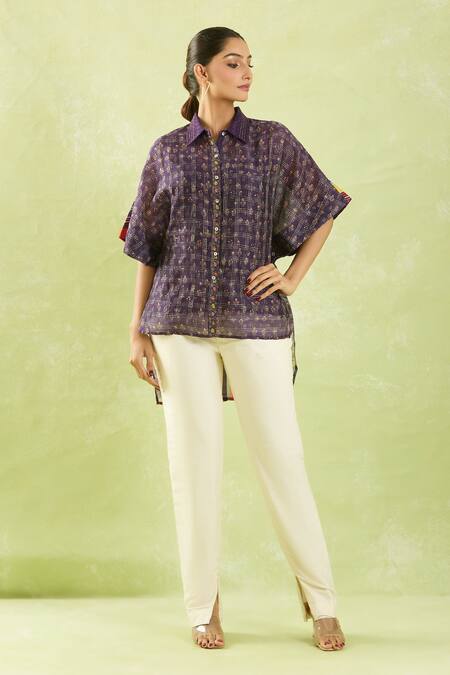 Buy Shraddha Rambhia Purple Chanderi Embroidery Collared Floral Print High-low Shirt Buy_Shraddha Rambhia_Purple Chanderi Embroidery Collared Floral Print High-low Shirt