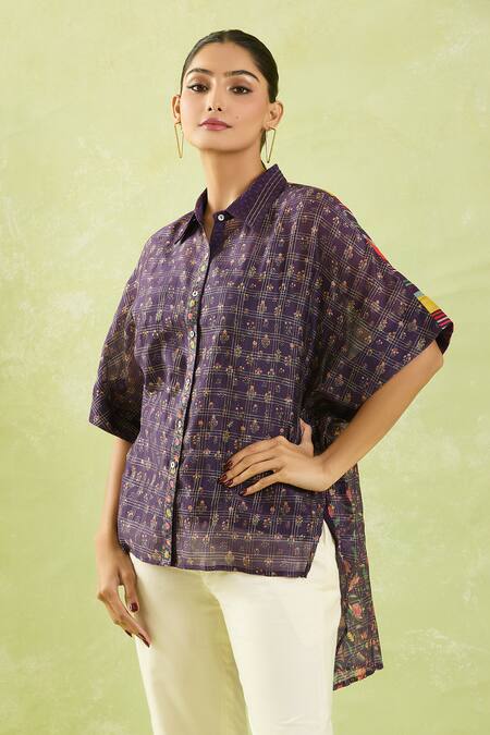 Shop Shraddha Rambhia Purple Chanderi Embroidery Collared Floral Print High-low Shirt Shop_Shraddha Rambhia_Purple Chanderi Embroidery Collared Floral Print High-low Shirt