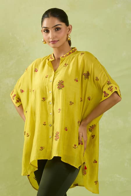 SHRADDHA RAMBHIA Floral Resham Embroidered High-Low Shirt 