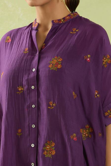 Shraddha Rambhia_Purple Linen Silk Embroidered Resham Mandarin Collar High-low Shirt_Online_at_Aza_Fashions
