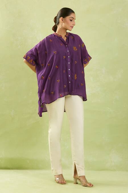 Buy_Shraddha Rambhia_Purple Linen Silk Embroidered Resham Mandarin Collar High-low Shirt_Online_at_Aza_Fashions