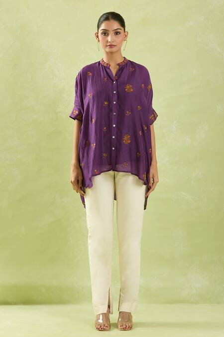 Shop_Shraddha Rambhia_Purple Linen Silk Embroidered Resham Mandarin Collar High-low Shirt_Online_at_Aza_Fashions