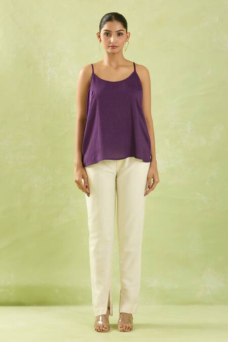 Shraddha Rambhia_Purple Linen Silk Embroidered Resham Mandarin Collar High-low Shirt_at_Aza_Fashions