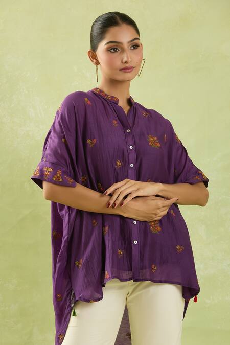 Buy_Shraddha Rambhia_Purple Linen Silk Embroidered Resham Mandarin Collar High-low Shirt