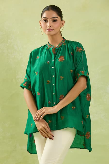 SHRADDHA RAMBHIA High-Low Floral Embroidered Shirt 