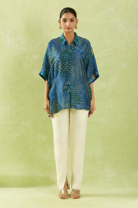 Shraddha Rambhia Blue Cotton Embroidery High-low Floral Mughal Print Shirt Online at Aza Fashions Shraddha Rambhia_Blue Cotton Embroidery High-low Floral Mughal Print Shirt_Online_at_Aza_Fashions