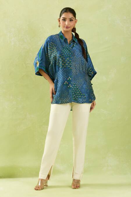 Buy Shraddha Rambhia Blue Cotton Embroidery High-low Floral Mughal Print Shirt Online at Aza Fashions Buy_Shraddha Rambhia_Blue Cotton Embroidery High-low Floral Mughal Print Shirt_Online_at_Aza_Fashions