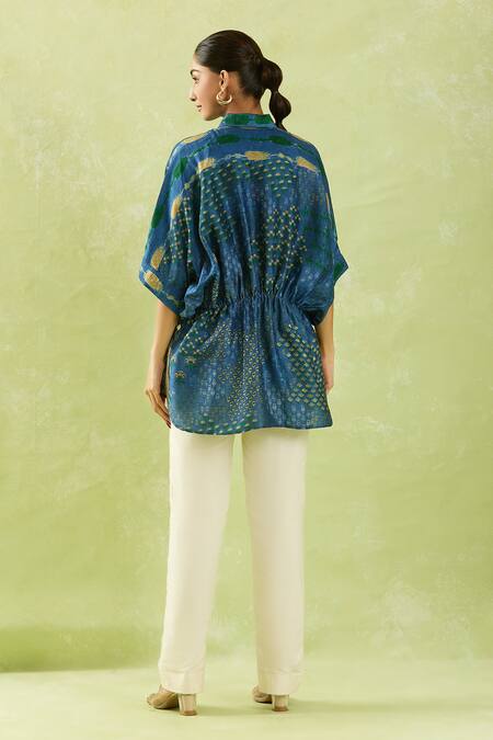 Shop Shraddha Rambhia Blue Cotton Embroidery High-low Floral Mughal Print Shirt at Aza Fashions Shop_Shraddha Rambhia_Blue Cotton Embroidery High-low Floral Mughal Print Shirt_at_Aza_Fashions