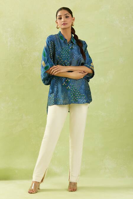 Shop Shraddha Rambhia Blue Cotton Embroidery High-low Floral Mughal Print Shirt Online at Aza Fashions Shop_Shraddha Rambhia_Blue Cotton Embroidery High-low Floral Mughal Print Shirt_Online_at_Aza_Fashions