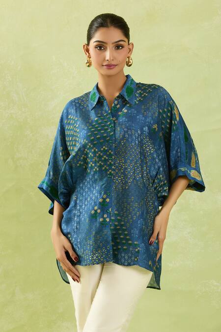 Shraddha Rambhia Blue Cotton Embroidery High-low Floral Mughal Print Shirt at Aza Fashions Shraddha Rambhia_Blue Cotton Embroidery High-low Floral Mughal Print Shirt_at_Aza_Fashions