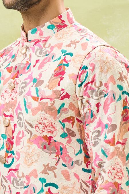 Shop Rng Safawala Off White Cotton, Silk Paint Stroke Print Bundi And Kurta Set Online at Aza Fashions Shop_Rng Safawala_Off White Cotton, Silk Paint Stroke Print Bundi And Kurta Set_Online_at_Aza_Fashions