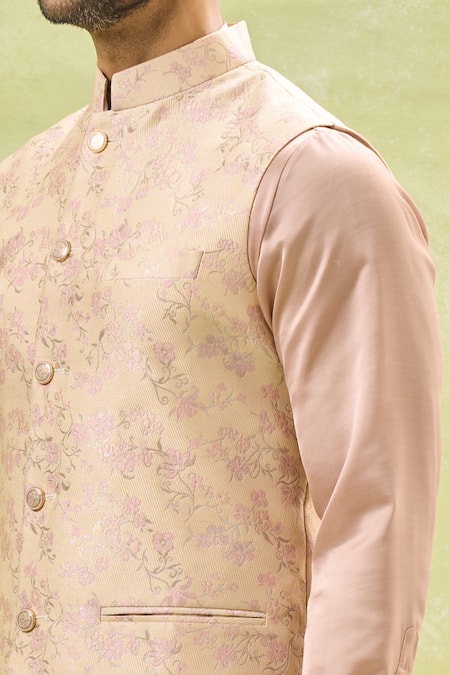 Shop_Rng Safawala_Cream Silk, Cotton Zari, Embroidery Floral Woven Bundi And Kurta Set _Online_at_Aza_Fashions