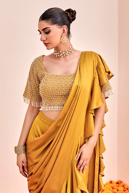 Shalkii_Yellow Satin, Silk Beads Round Neck Mustard Pre-draped Ruffle Saree Set _Online_at_Aza_Fashions