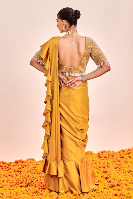 Shalkii Mustard Yellow Pre-Draped Ruffle Saree Set 