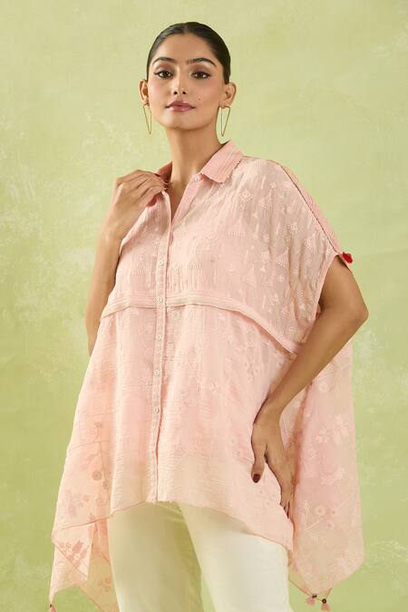 Shraddha Rambhia_Pink Chanderi Embroidery Thread Collar Shirt_Online_at_Aza_Fashions