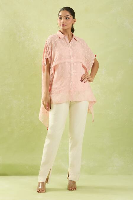 Buy_Shraddha Rambhia_Pink Chanderi Embroidery Thread Collar Shirt_Online_at_Aza_Fashions