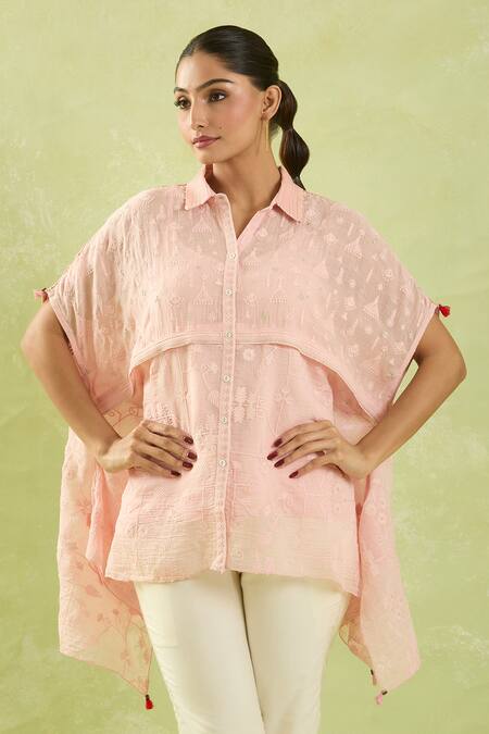 Shop_Shraddha Rambhia_Pink Chanderi Embroidery Thread Collar Shirt_Online_at_Aza_Fashions