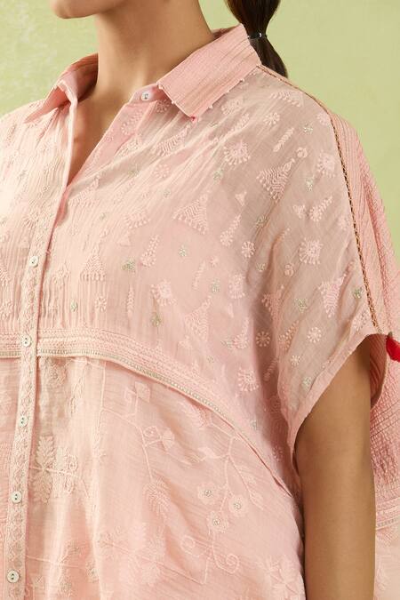 Buy_Shraddha Rambhia_Pink Chanderi Embroidery Thread Collar Shirt