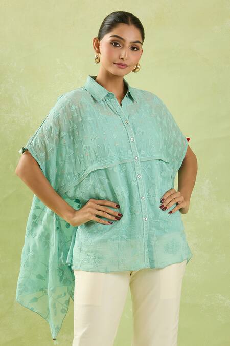 Buy Shraddha Rambhia Blue Chanderi Embroidery Thread Collar Asymmetric Hemline Shirt Online at Aza Fashions Buy_Shraddha Rambhia_Blue Chanderi Embroidery Thread Collar Asymmetric Hemline Shirt_Online_at_Aza_Fashions