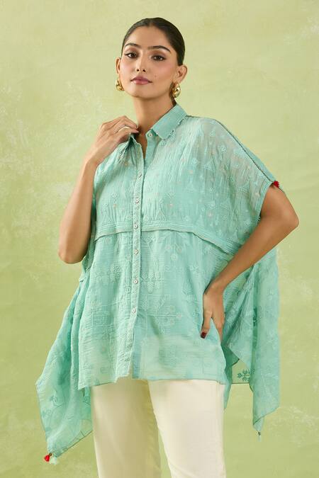 Shop Shraddha Rambhia Blue Chanderi Embroidery Thread Collar Asymmetric Hemline Shirt Online at Aza Fashions Shop_Shraddha Rambhia_Blue Chanderi Embroidery Thread Collar Asymmetric Hemline Shirt_Online_at_Aza_Fashions