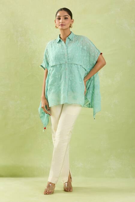 Shraddha Rambhia Blue Chanderi Embroidery Thread Collar Asymmetric Hemline Shirt at Aza Fashions Shraddha Rambhia_Blue Chanderi Embroidery Thread Collar Asymmetric Hemline Shirt_at_Aza_Fashions