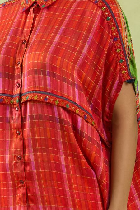 Shraddha Rambhia_Red Modal, Silk Sequins, Embroidery Collared Checkered Shirt Tunic_Online_at_Aza_Fashions