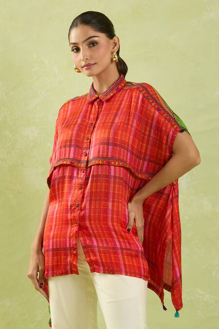 Buy_Shraddha Rambhia_Red Modal, Silk Sequins, Embroidery Collared Checkered Shirt Tunic_Online_at_Aza_Fashions