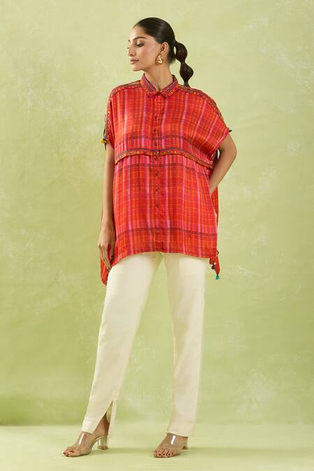Shop_Shraddha Rambhia_Red Modal, Silk Sequins, Embroidery Collared Checkered Shirt Tunic_Online_at_Aza_Fashions
