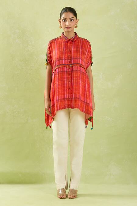 Shraddha Rambhia_Red Modal, Silk Sequins, Embroidery Collared Checkered Shirt Tunic_at_Aza_Fashions