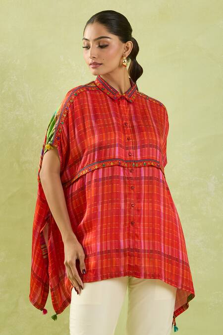 Buy_Shraddha Rambhia_Red Modal, Silk Sequins, Embroidery Collared Checkered Shirt Tunic